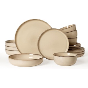 image:imageFamiware Milkyway Stoneware Dinnerware Set 12Piece Double Reactive Glaze Plates and Bowls Service for 4 Microwave and Dishwasher Safe ScratchResistant Moss Green amp CocoaMilk Tea