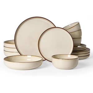 image:imageFamiware Milkyway Stoneware Dinnerware Set 12Piece Double Reactive Glaze Plates and Bowls Service for 4 Microwave and Dishwasher Safe ScratchResistant Moss Green amp CocoaLight khaki